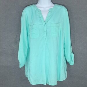 Emily Daniels Womens Mint Green Roll Tab Sleeve Linen Double Pocket Tunic Sz‎ L